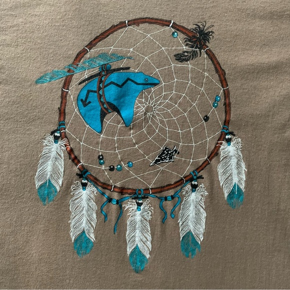 Vintage 90s Single Stitch Native American Dream Catcher Blue Bear Tan T-shirt - Picture 2 of 7